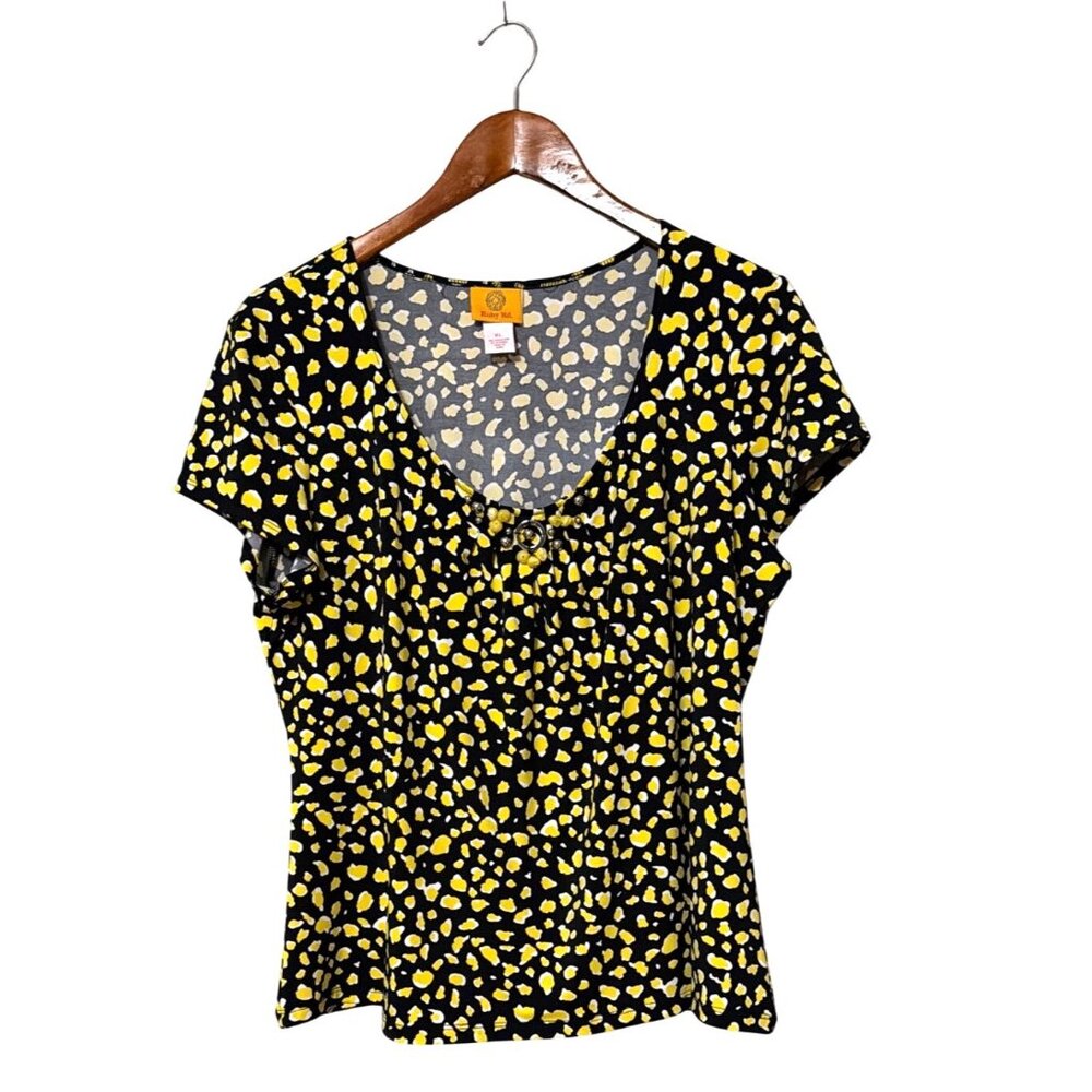 Yellow & Black Patterned Short Sleeve Blouse XL With Embellished Neckline career